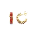 Detail of gold-plated C-shape hoop earrings with rectangular red zircon stones - Red Zircon / Gold Base / Red (ZE454G)