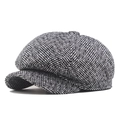 Retro black and white herringbone newsboy cap in thick tweed with a structured crown - L (58-60cm) / Cotton Dark Grey