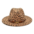 Leopard print fedora hat with a golden feather charm and beaded band on white background - Camel
