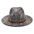 Cappello fedora grigio pitonato con fascia in pelle marrone e decorazione piuma d'oro - M(56-58cm) / grigio scuro