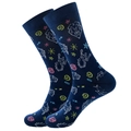 Dark blue crew socks featuring colorful geometric heart and astronaut knitting patterns - Size 38-45 / Zodiac