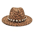 Detail of leopard print wool fedora with seashell bead band and striped ribbon accent - M (56-58cm) / Camel