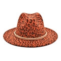 Detail of leopard print fedora hat featuring golden beaded trim and woven band decoration - M (56-58cm) / Burgundy