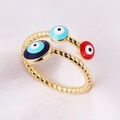 Detailed macro view of gold-plated rope ring featuring colorful evil eye enamel charms - Twisted Band Three-Color Eye (Style 5)