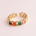 Detail of gold-plated open ring with four colorful square-cut zircons in a chain design - Minimalist Four-color Square Zircon (Style 4)