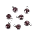 Detailed view of round purple birthstone charms in silver stainless steel settings - Purple Stone Silver Base