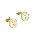 Golden titanium steel stud earrings with letter P on white shell inlay for women - Letter P / Gold