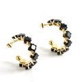 Golden C-shaped earrings with black square-cut gemstones and polished finish - Gold Black Zirconia