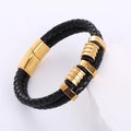 Bracciale in pelle nera intrecciata con ciondoli in acciaio dorato su base di pietra - Oro