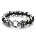 Bracciale da uomo in acciaio al titanio con teste di tigre e pelle nera intrecciata - Pelle Nera (KB43899-D)