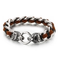 Bracciale da uomo in acciaio al titanio con cuoio intrecciato marrone e teste di tigre - Pelle Marrone (KB44134-D)