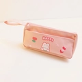 Pink double-layer canvas pencil case with cute rabbit and HAPPY printed design - Pink