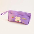 Cute purple double-layer canvas pencil case with bear print and side handle - Purple