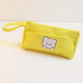 Cute yellow canvas pencil case with cartoon bear pattern and a durable zipper strap - Milk Yellow