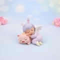 Cute resin angel girl with purple hair and bunny ears sleeping on a pink pig - Purple Annie Guardian (On Pink Pig)