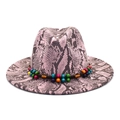 Close-up of pink snake print fedora hat featuring colorful beads and woven rope band - M (56-58cm) / Pink