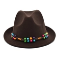 Chapeau fedora classique en feutre marron foncé avec ruban de perles en bois colorées - M (56-58cm) / Café