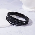 Detail of black multi-layer braided leather bracelet with magnetic clasp and cross - Black/Multi-layer Cross