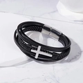 Close-up of triple-layered black braided leather bracelet with silver cross and magnetic clasp - Silver/Multi-layer Cross