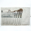 14-piece makeup brush set with gray handles and brown bristles in a rollout bag - 14Pcs Set + Nubuck Leather Bag