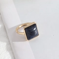 Square gold ring with dark blue marble stone inlay in a minimalist vintage style - Large Size Sodalite