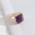 Elegant gold ring featuring a square purple natural stone in a minimalist style - Large Size Amethyst