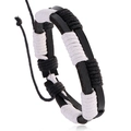 Minimalistisches Herren-Lederarmband aus schwarzem Leder mit schwarz-weißen Faserseilen - Schwarz+Weiß