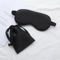 Faux silk sleep mask and matching drawstring storage bag set in black satin texture - Black