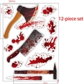 Flat lay of 12-piece bloody weapon stickers featuring axes and splatter for Halloween - Bloody Axe Tools