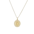Gold pendant necklace with Virgin Mary relief and cubic zirconia on a white background - Oval Radiant Hollow Style