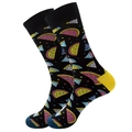 Detailed view of black crew socks with colorful watermelon patterns and bright accents - Colorful Watermelon