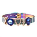 Rainbow mesh stainless steel bracelet with rose gold heart and blue enamel charms - Colorful 2