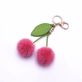 Pink plush cherry keychain with soft faux fur pom poms and gold metal lobster clasp - Rose Red
