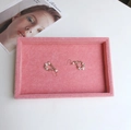 Pink velvet jewelry display tray with pearl floral earrings on a white surface - Small Pink Velvet Empty Tray - No Lid