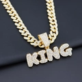 Detailed view of gold plated KING pendant with sparkling rhinestones on Cuban link chain - Gold Pendant (Letter KING) + Iced Out Cuban Chain 60CM
