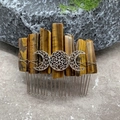 Detail of handcrafted tiger eye stone hair comb with silver crescent moon wire wrapping - Tiger Eye Silver Wire Silver Moon
