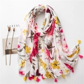 Chale de algodón y lino con estampado floral colorido y borlas decorativas - Estilo Floral Artístico Fresco (SL2006-007) / Verde Amarillo Floral Con Borla Rosa Amarilla