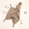 Brown muslin cotton baby comforter with cute rabbit head and knotted corners details - Dark Khaki