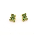 Cute gold bear stud earrings with green cubic zirconia crystals on white background - Green