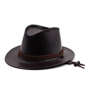 Detail of dark brown faux leather cowboy hat with braided band and adjustable wind strap - M (56-58cm) / Dark Coffee