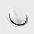 Close-up of white straw fedora hat featuring a black leather buckle band and fine texture - 54cm / Bleached White