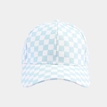 Detailed view of the light blue and white checkerboard pattern on the cotton baseball cap - Adjustable / Blue Checkerboard