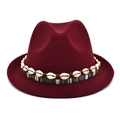 Cappello fedora in lana bordeaux con fascia etnica e decorazioni in conchiglie - M (56-58cm) / Borgogna