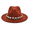 Classic leopard print wool fedora hat with bohemian shell band and colorful stripe trim - M (56-58cm) / Burgundy