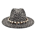 Leopard print wool fedora hat with ethnic shell band for a vintage boho look - M (56-58cm) / Gray