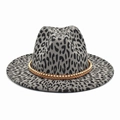 Detail of leopard print fedora hat featuring gold bead chain and braided leather band - M (56-58cm) / Gray