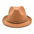 Elegant camel wool fedora hat for women and men featuring a gold bead chain band detail - M(56-58cm) / Camel