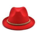 Detailed view of red wool fedora hat with braided brown cord and gold bead accents - M(56-58cm) / Red
