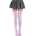 Chaussettes montantes à rayures roses et blanches portées avec jupe plissée grise - L (Taille unique) / Rayures Larges Rose Blanc
