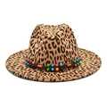 Cappello fedora in feltro di lana leopardato con fascia decorativa di perline etniche colorate - M (56-58cm) / Cammello